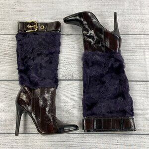 Dolce Gabbana FUR EEL Skin Boots Women Size 9.5 Pull On Heeled Boots Made Italy